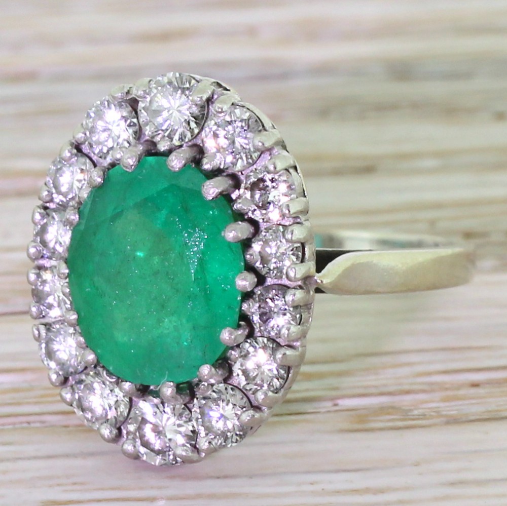 Mid Century 3.00 Carat Emerald & Diamond Cluster Ring, French, circa 1950
