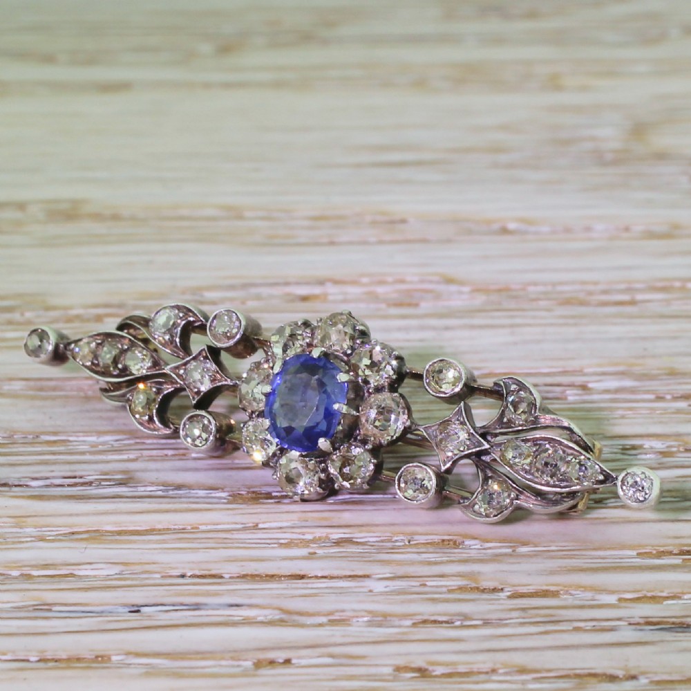 Art Nouveau Sapphire & Old Cut Diamond Bar Brooch, circa 1890
