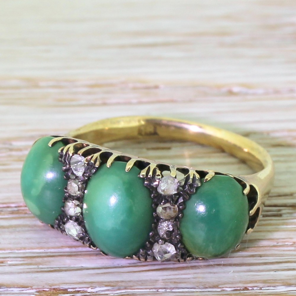 Victorian Green Turquoise & Rose Cut Diamond Trilogy Ring, circa 1880
