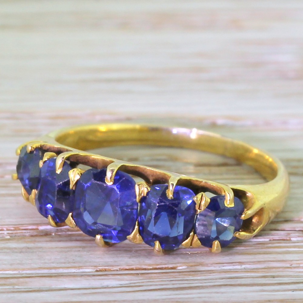 Victorian 2.50 Carat Natural Sapphire Five Stone Ring, circa 1870

