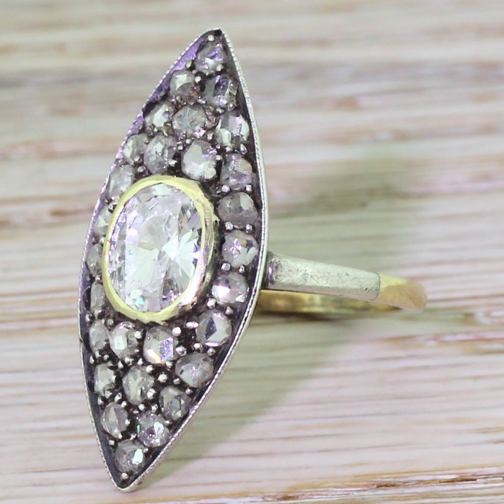 Victorian 1.13 Carat Old Cut & Rose Cut Diamond Navette Ring, circa 1860
