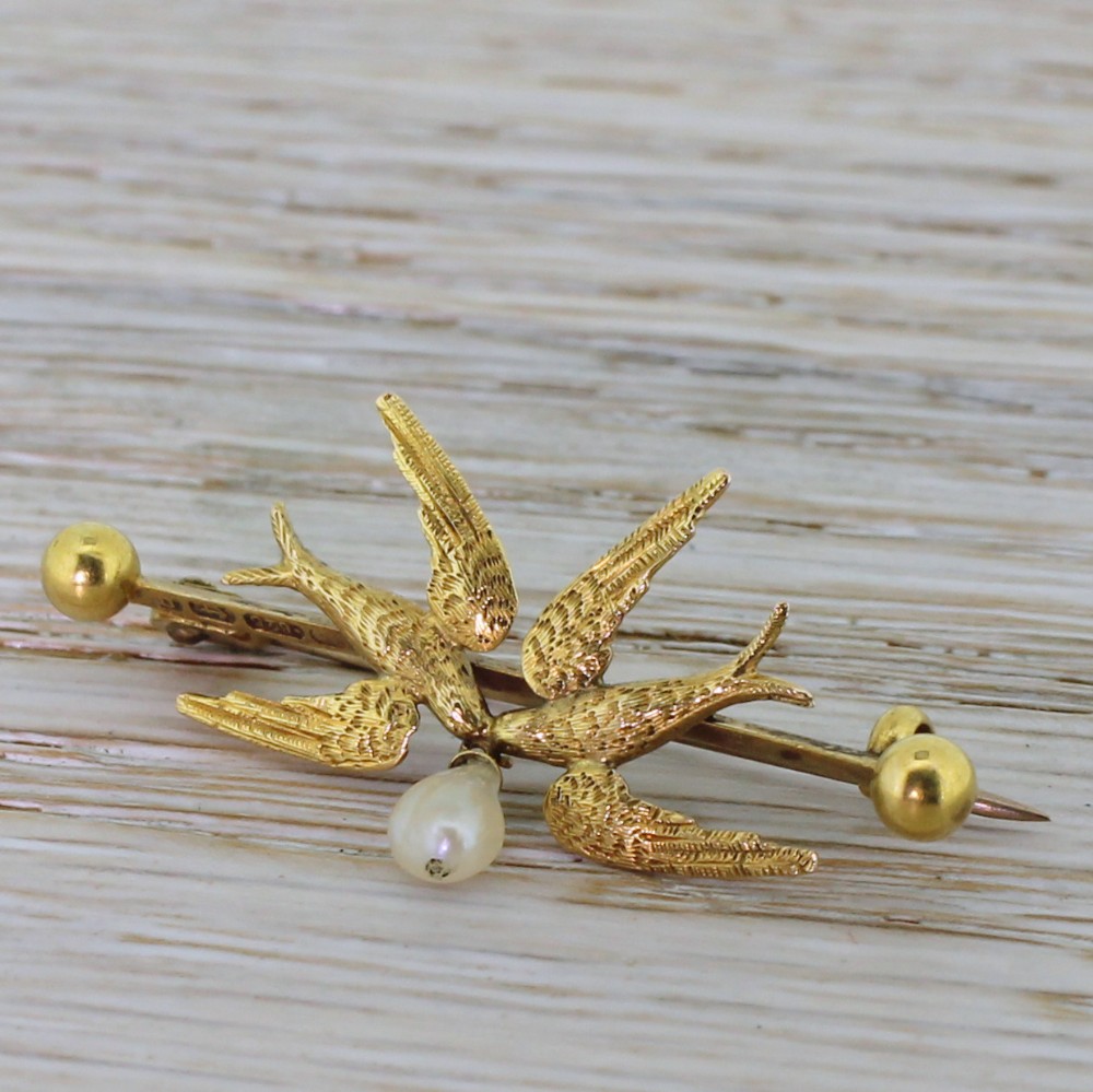 Victorian Natural Pearl “Love Birds” Pin Brooch, dated 1888
