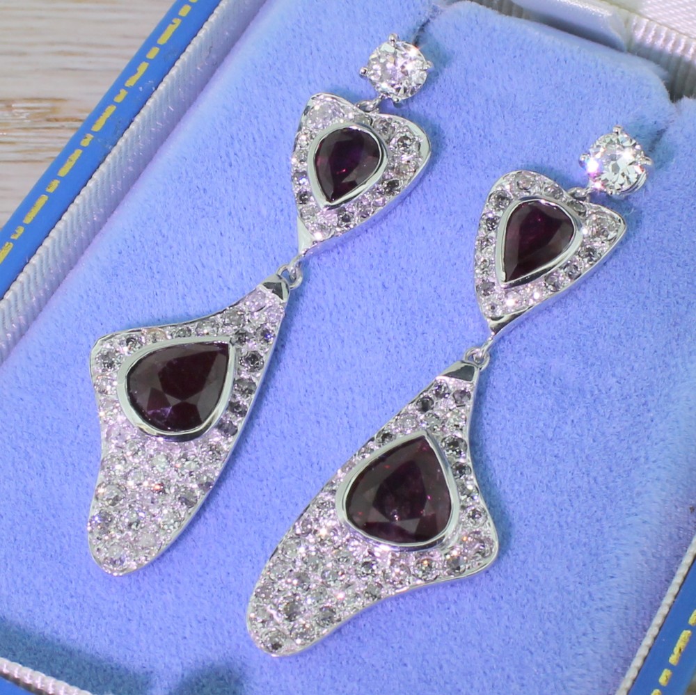 Retro 6.16 Carat Ruby & 3.06 Carat Old Cut Diamond Drop Earrings, circa 1945
