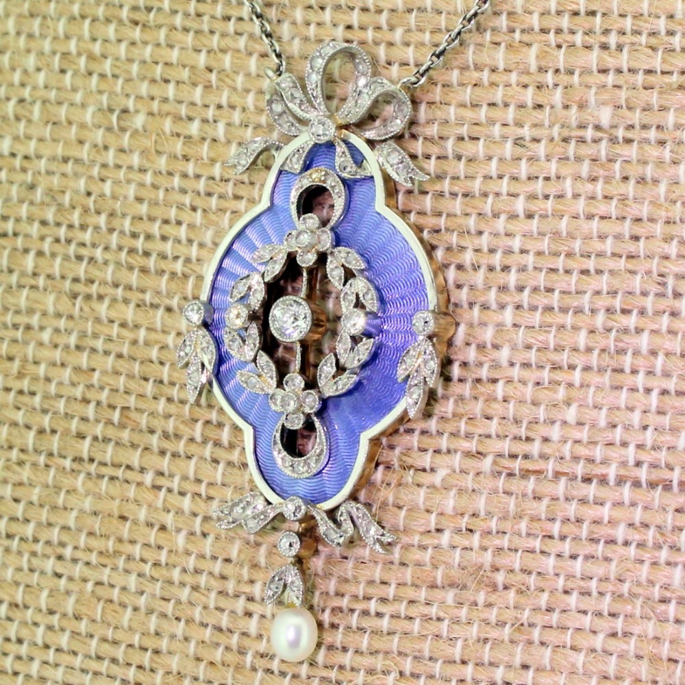 Edwardian Guilloché Enamel, Diamond & Pearl Pendant, circa 1910

