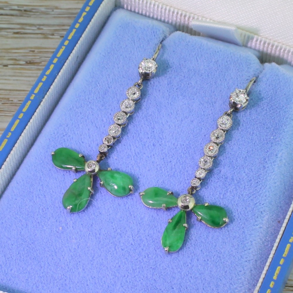 Retro Jade & 0.88 Carat Old Cut Diamond Drop Earrings, 1950
