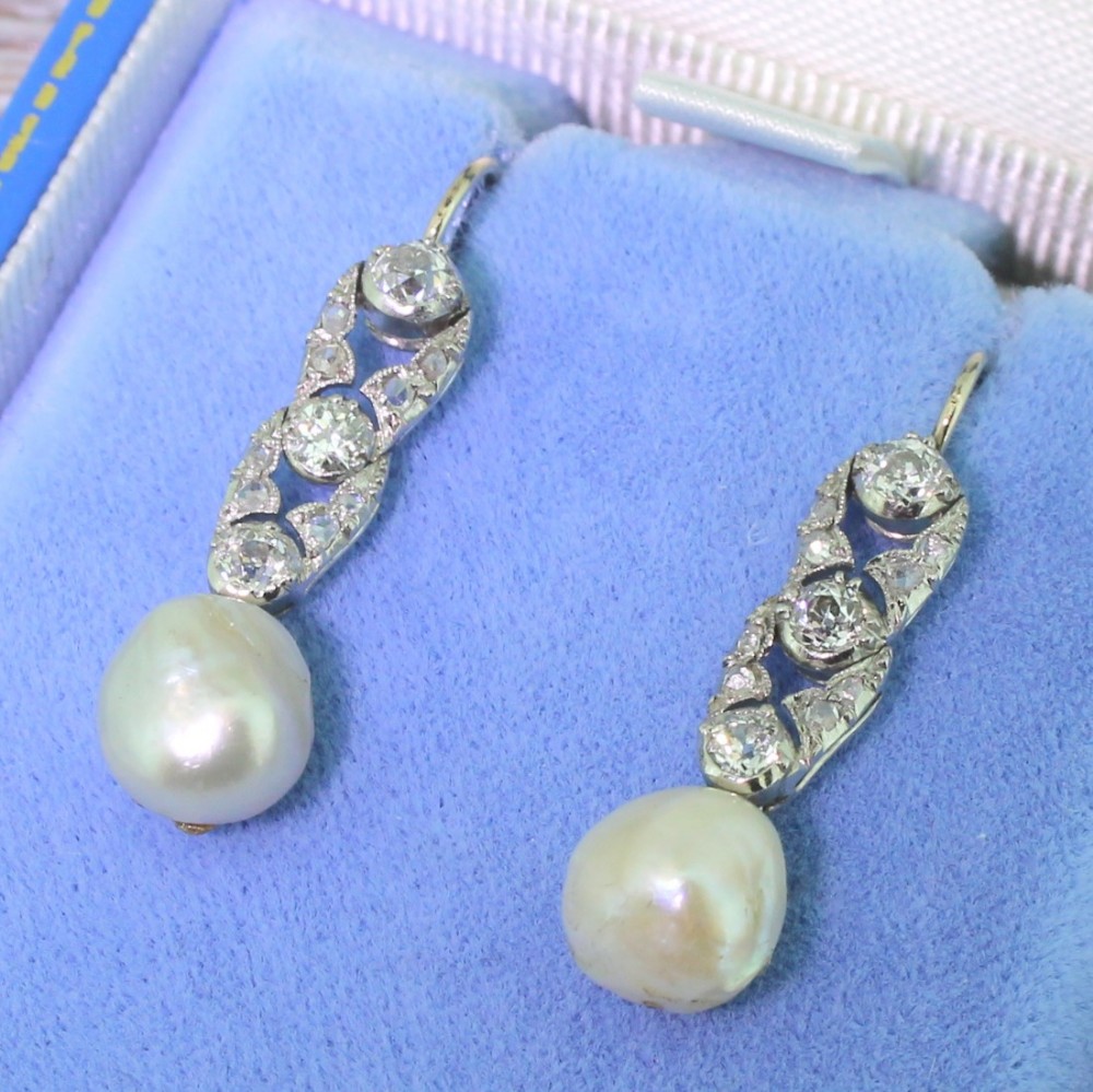Art Deco Natural Pearl & Old Cut Diamond Earrings, circa 1920
