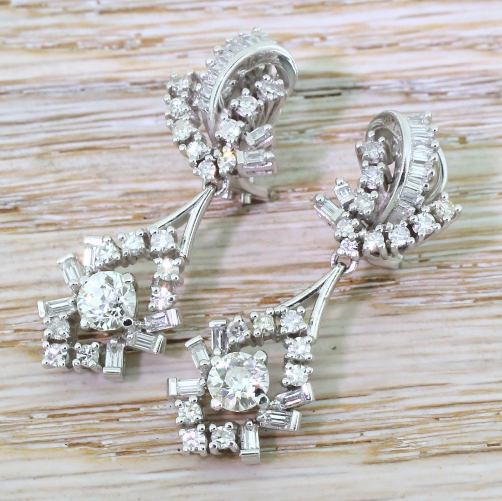 Retro 3.00 Carat Old Cut & Baguette Cut Diamond Drop Earrings, circa 1950
