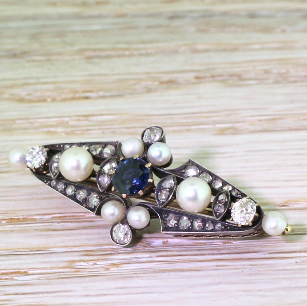 Victorian Sapphire, Diamond & Pearl Brooch, circa 1900
