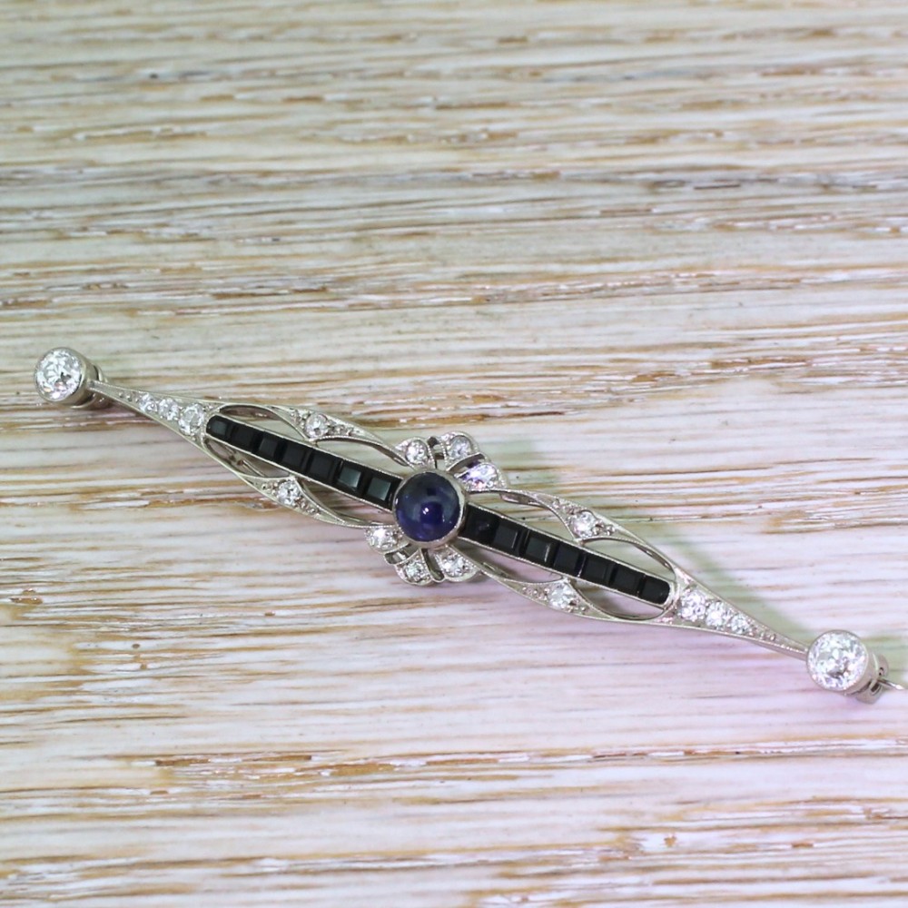 Art Deco Sapphire & Old Cut Diamond Bar Brooch, circa 1935
