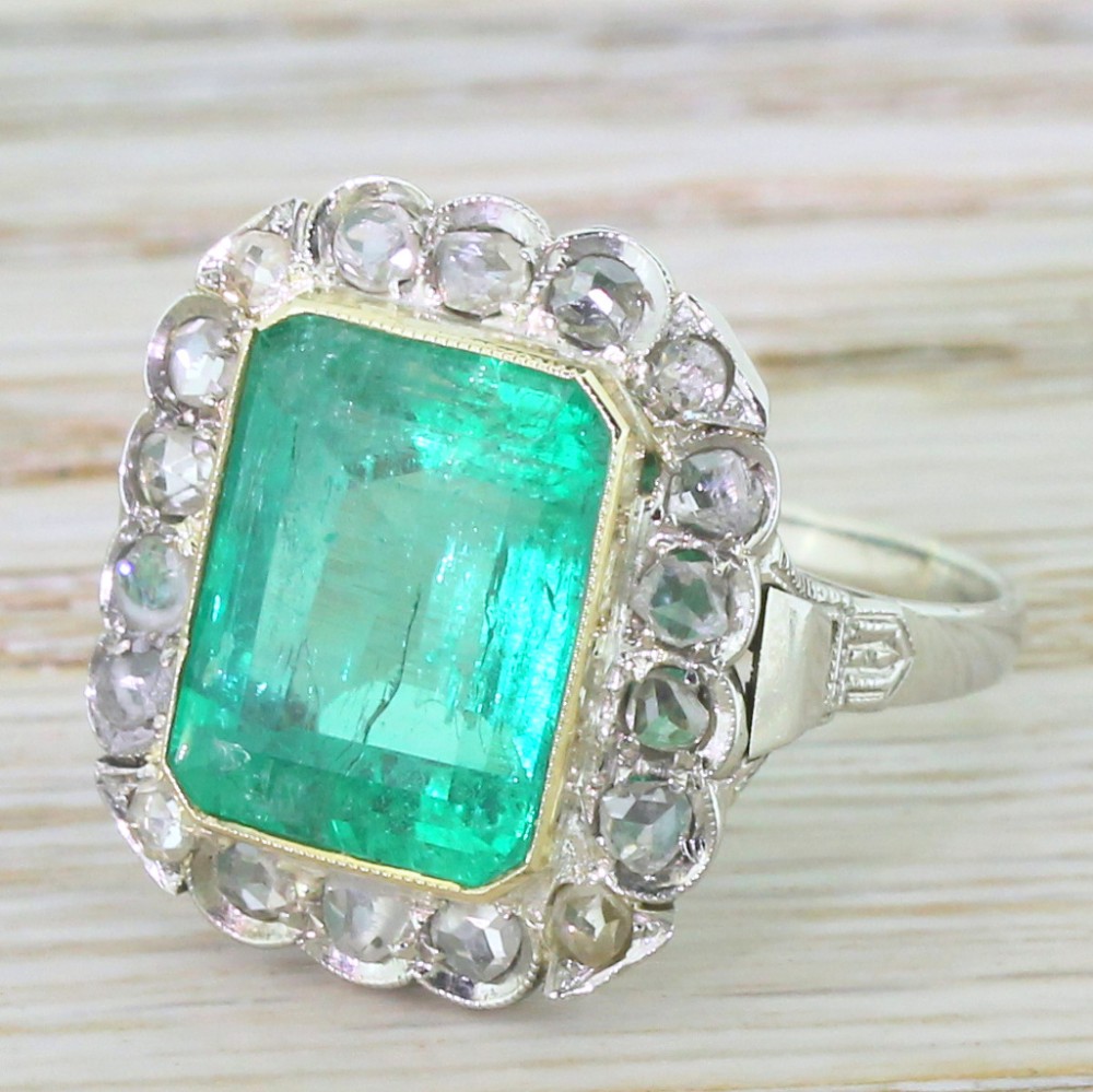 Art Deco 7.50 Carat Emerald & Rose Cut Diamond Cluster Ring, circa 1930
