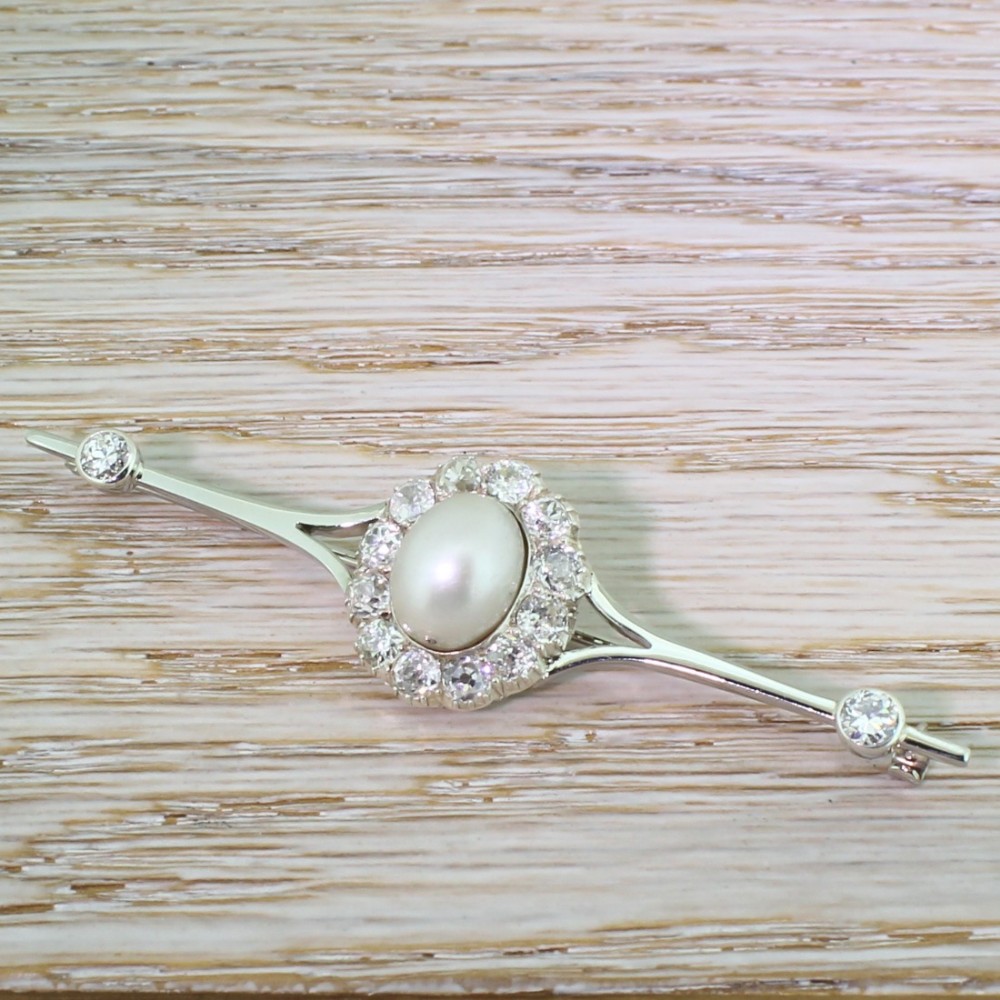 Art Deco Natural Pearl & 3.60 Carat Old Cut Diamond Pin Brooch, circa 1920

