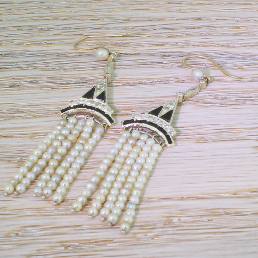 Art Deco Natural Pearl, Diamond & Onyx Chandelier Earrings, circa 1930
