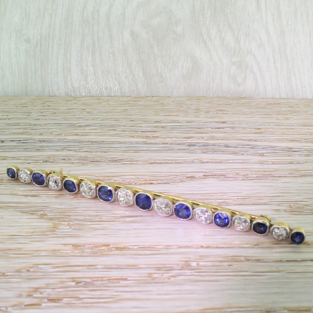 Edwardian 3.65 Carat Old Cut Diamond & Natural Sapphire Bar Brooch, circa 1910
