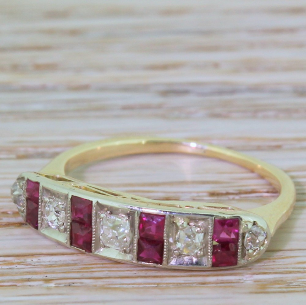 Art Deco Old Cut Diamond & Ruby Half Hoop Ring, circa 1925
