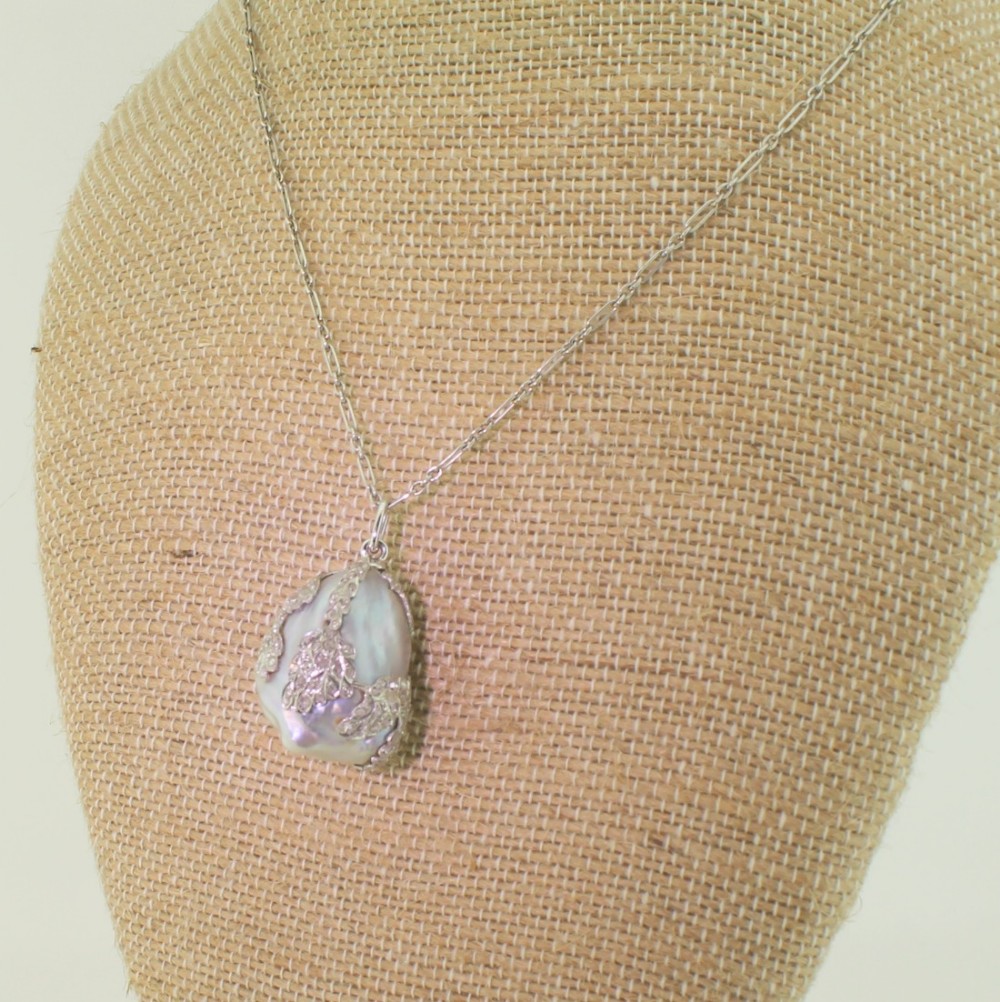 Edwardian Natural Saltwater Grey Pearl & Diamond Pendant, circa 1910
