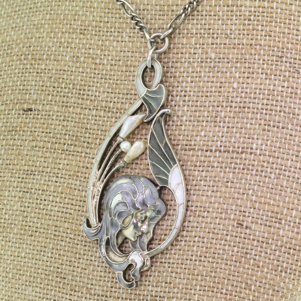 Art Nouveau Plique-à-Jour & Natural Pearl Pendant, French, circa 1910
