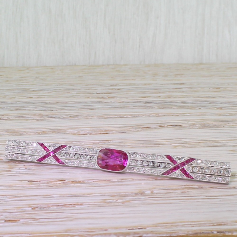 Art Deco Natural No Heat Ruby & Rose Cut Diamond Pin Brooch, circa 1920