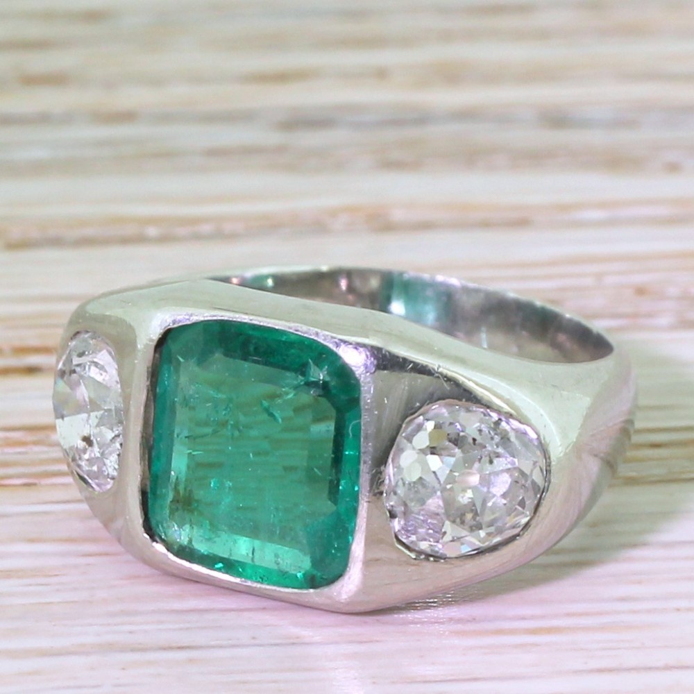Art Deco 2.28 Carat Emerald & 1.97 Carat Old Cut Diamond Trilogy Ring, circa 1940
