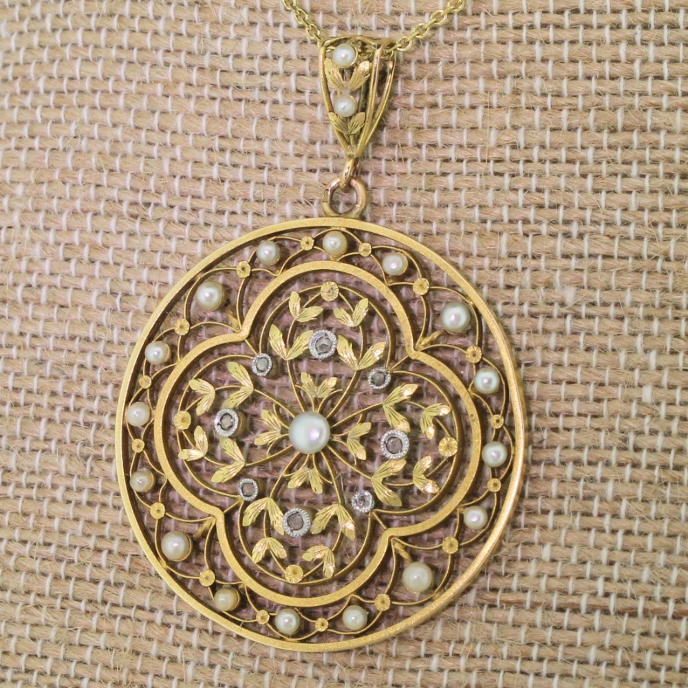Art Nouveau Natural Seed Pearl & Rose Cut Diamond Pendant, circa 1900
