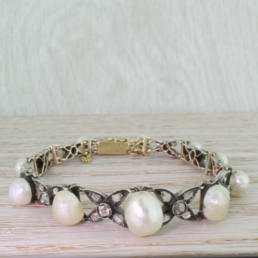 Early Victorian Natural Pearl, Rose Cut & Old Cut Diamond Bracelet, circa 1850
