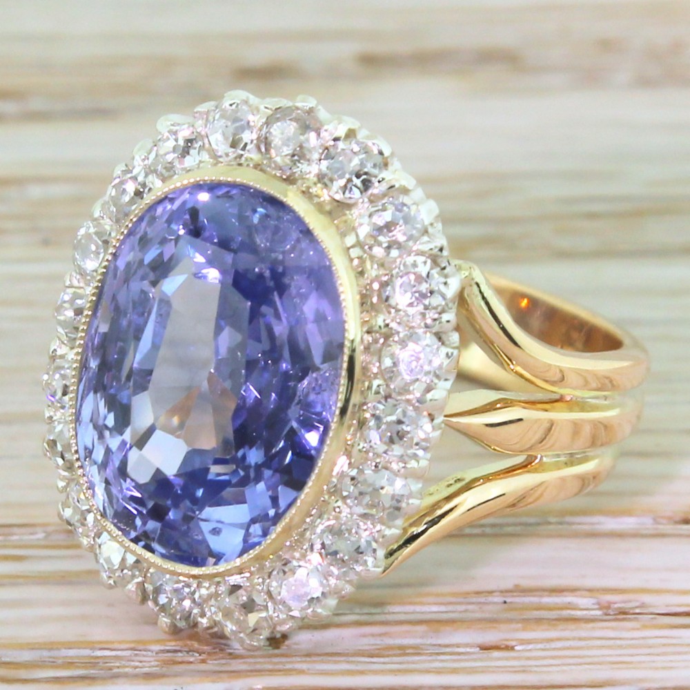 Art Deco 9.14 Carat Natural Ceylon Sapphire & Diamond Ring, circa 1925
