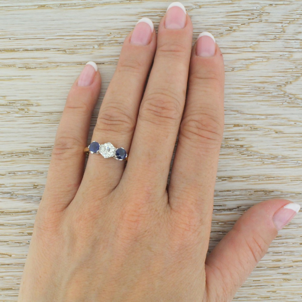 Art Deco 0.75 Carat Old Cut Diamond & Sapphire Trilogy Ring, circa 1935
 View V