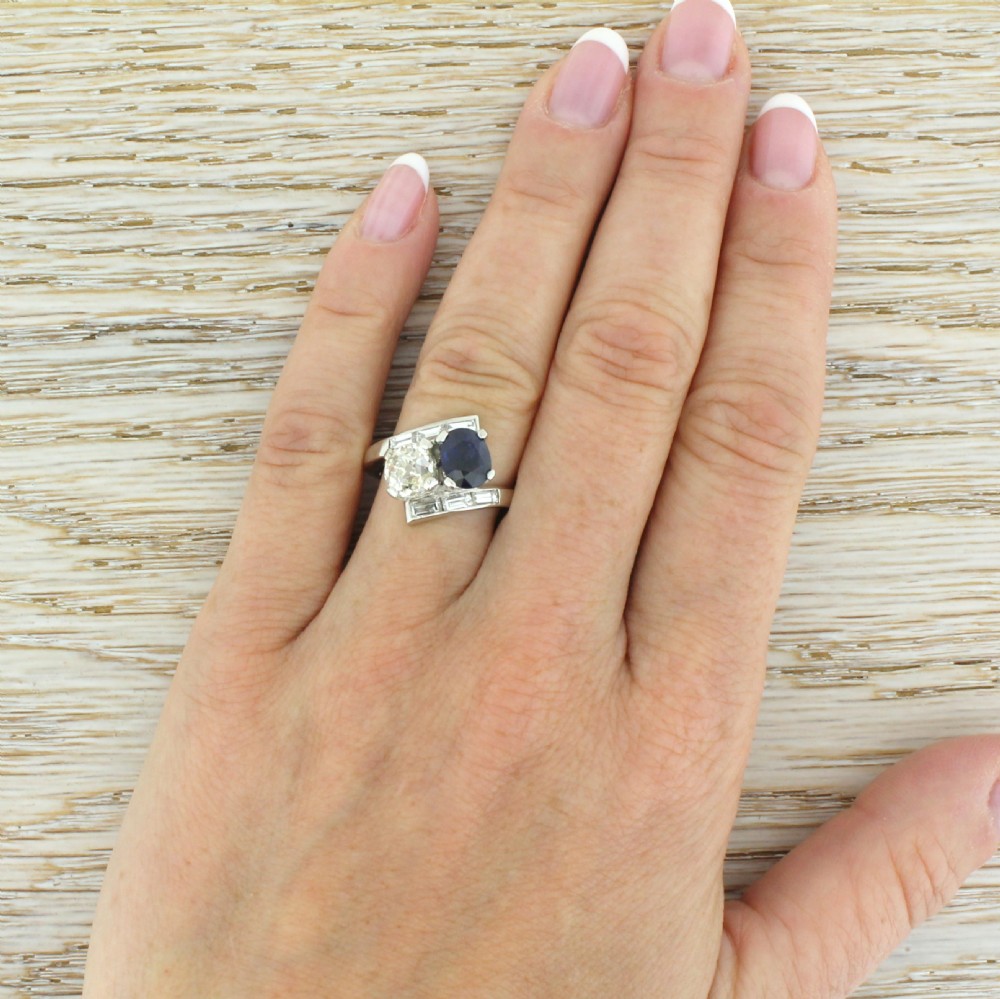 Art Deco 1.33 Carat Old Cut Diamond & 1.40 Carat Sapphire Crossover Ring, circa 1925
 View V