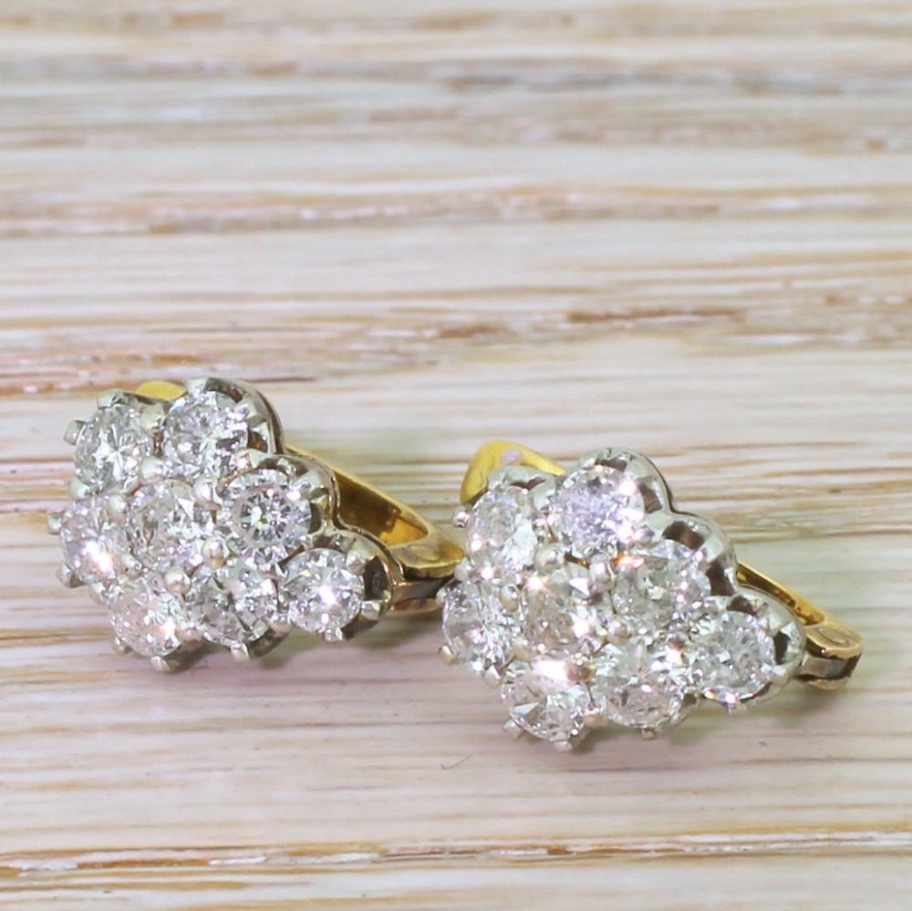 Art Deco 2.08 Carat Transitional Cut Diamond Cluster Earrings, circa 1945
