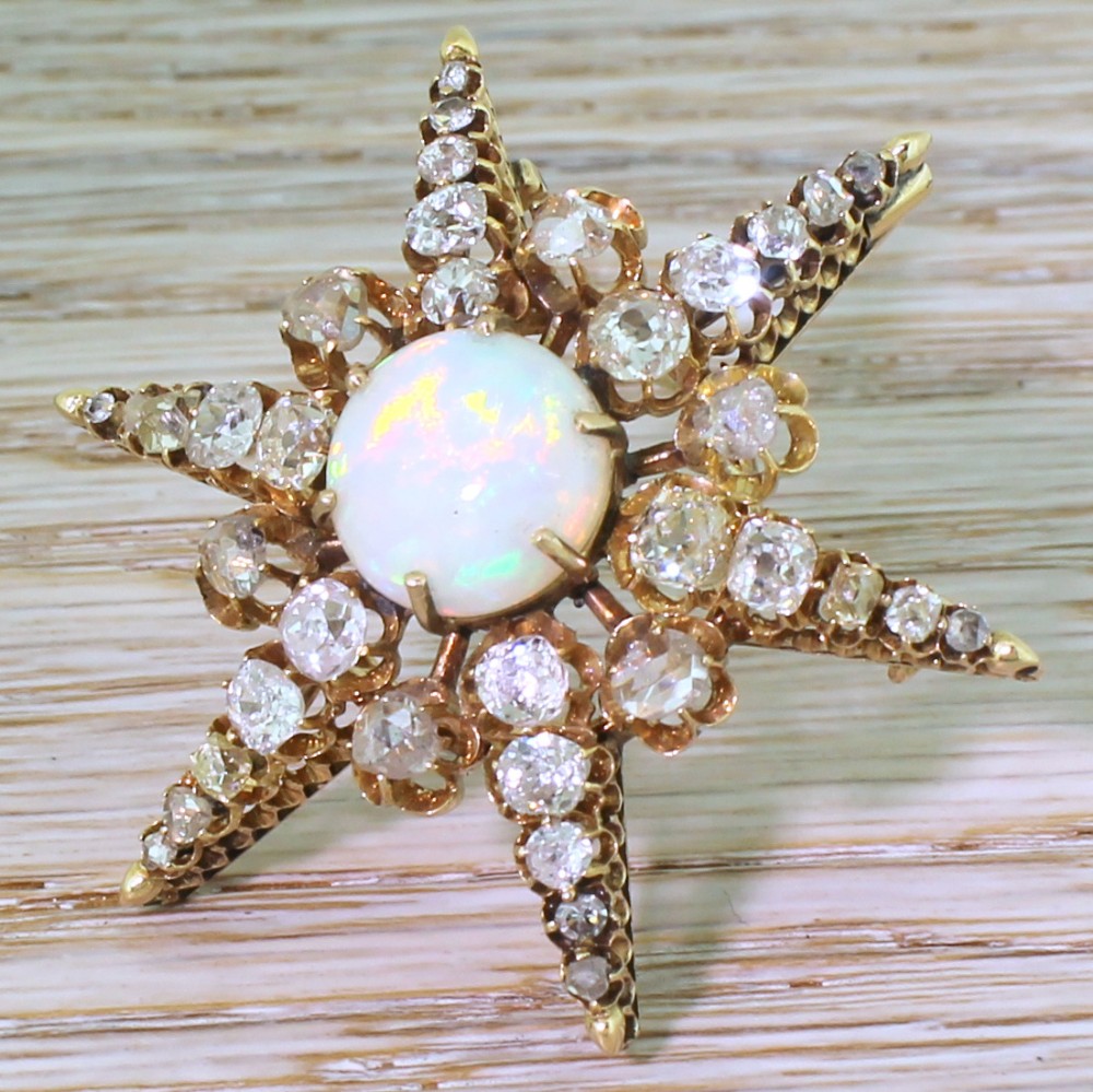 Victorian Opal, Old Cut Diamond & Rose Cut Diamond Star Brooch, circa 1880
