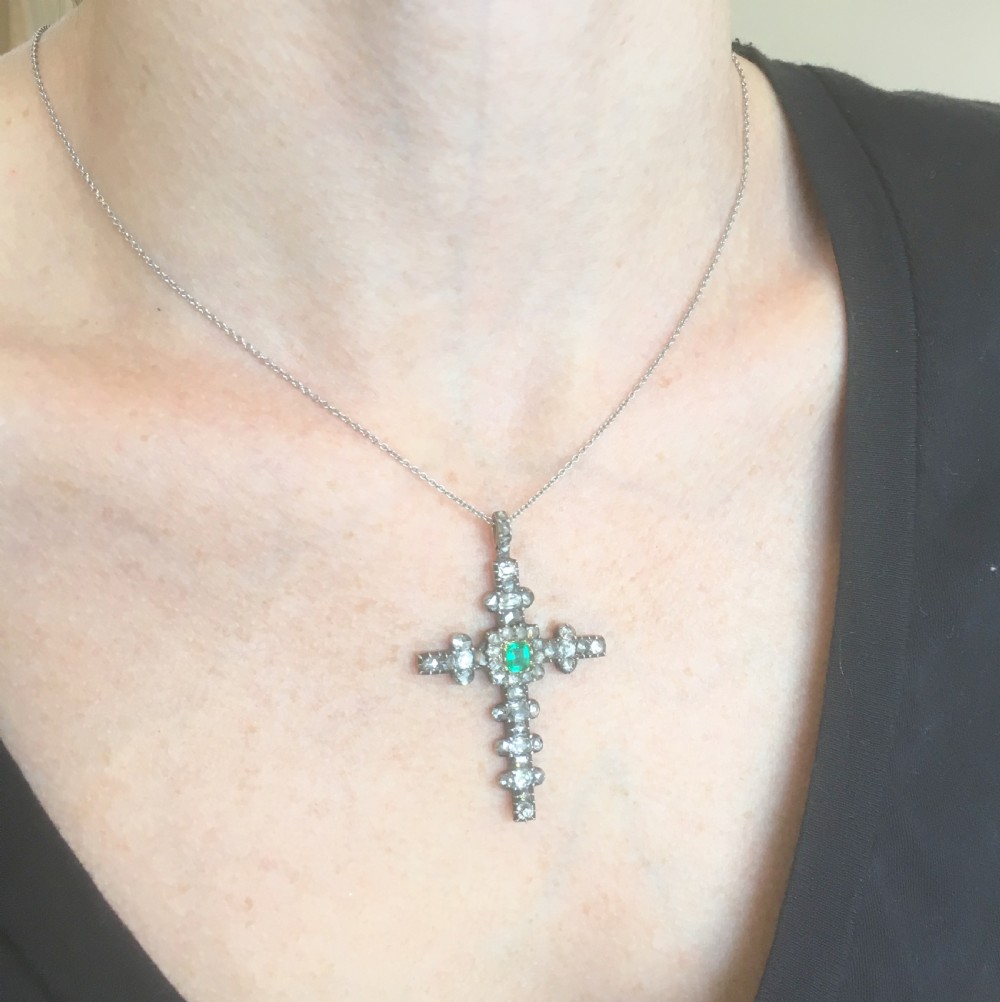 Georgian Emerald, Old Cut Diamond & Rose Cut Diamond Cross Pendant, circa 1800
 View II