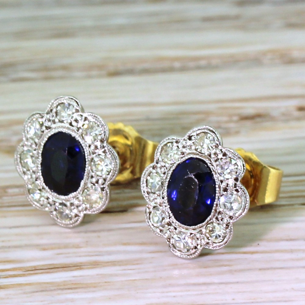 Mid Century 1.00 Carat Sapphire & Diamond Cluster Earrings, circa 1950

