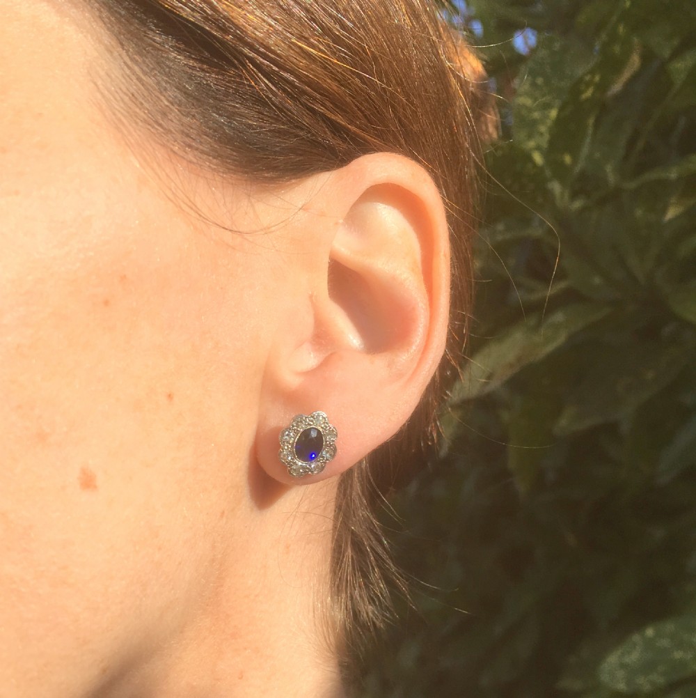 Mid Century 1.00 Carat Sapphire & Diamond Cluster Earrings, circa 1950
 View V