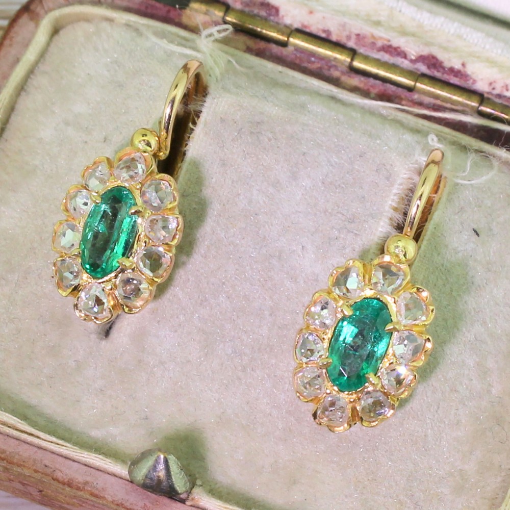 Edwardian Emerald & Rose Cut Diamond Marquise Cluster Earrings, French, circa 1905
