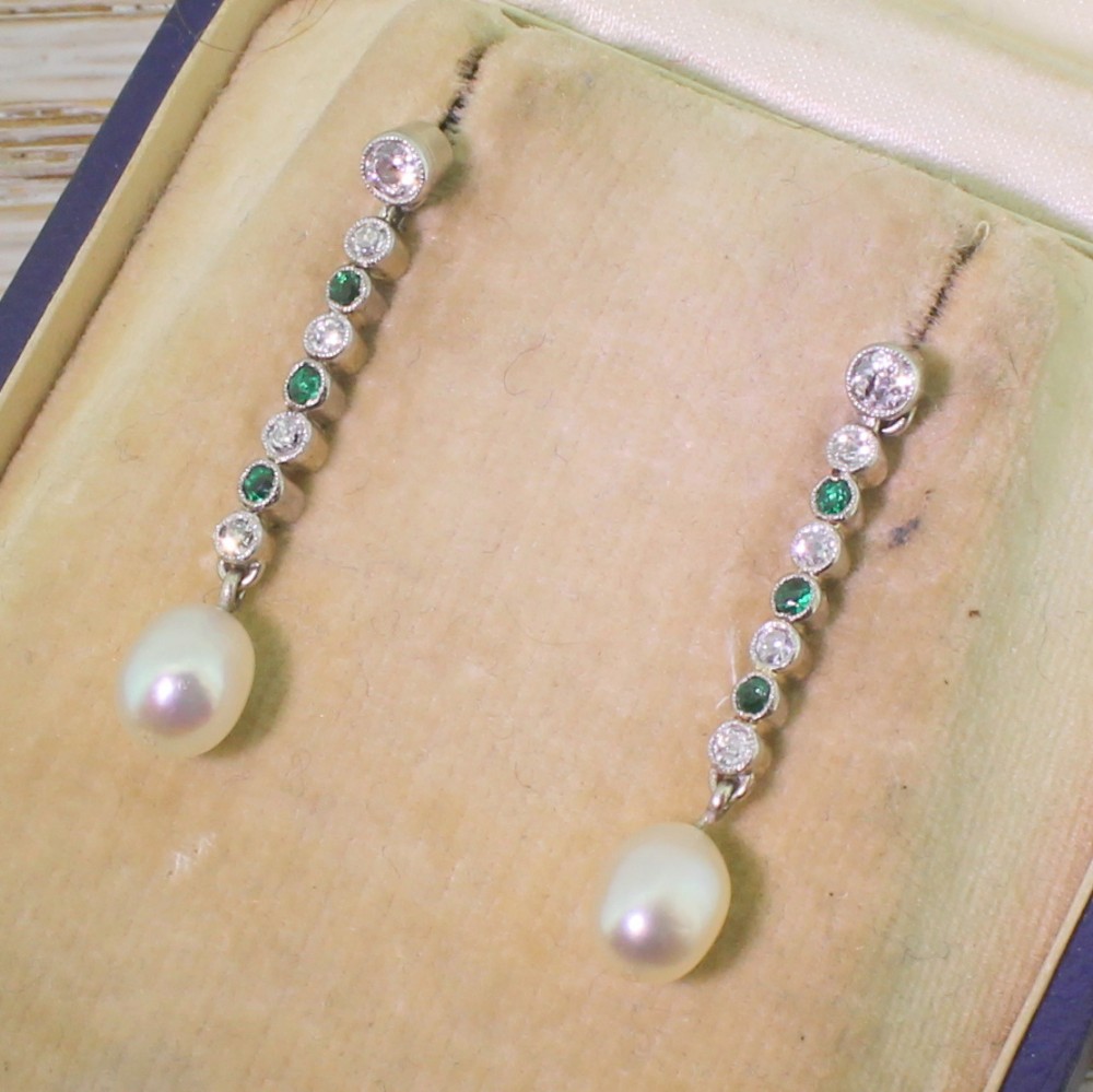 Art Deco Old Cut Diamond, Emerald & Pearl Drop Earrings, circa 1940

