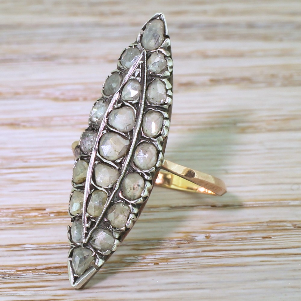 Victorian 1.00 Carat Rose Cut Diamond Navette Ring, circa 1870
