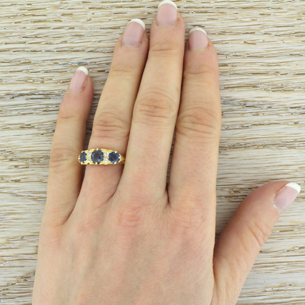 Victorian Sapphire & Old Cut Diamond Carved Half Hoop Ring, dated 1896
 View V