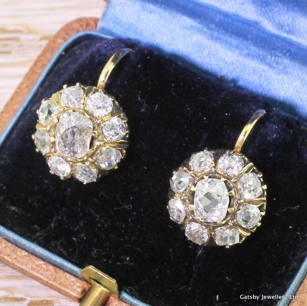 Victorian 2.92 Carat Old Cut Diamond Cluster Earrings, circa 1880
