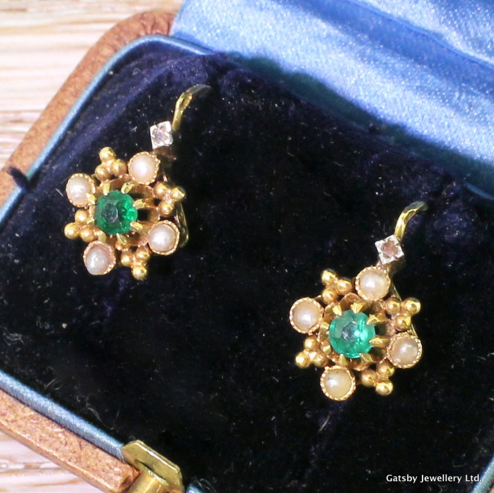 Art Deco Emerald & Seed Pearl Earrings, French, circa 1920
