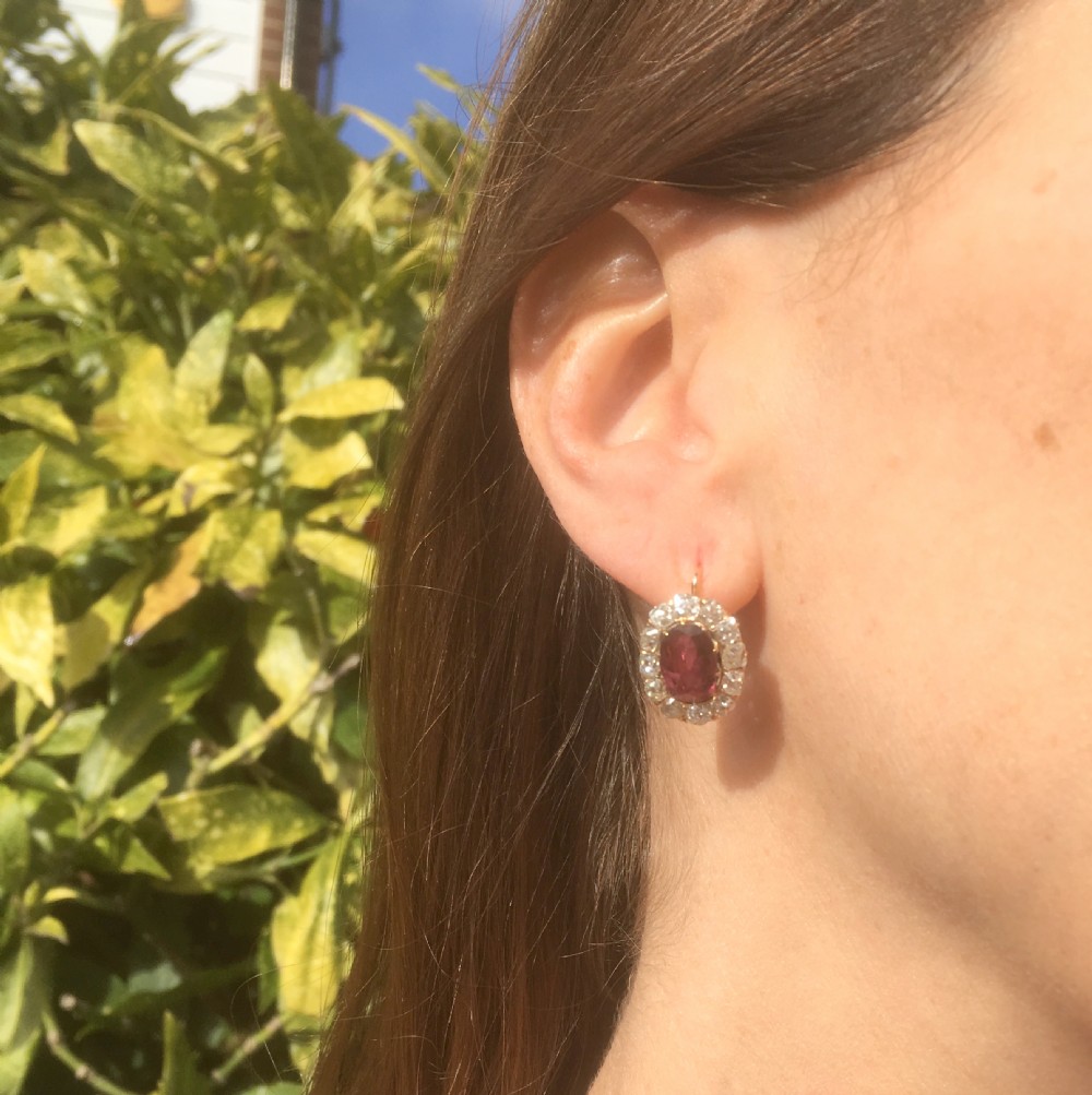 Victorian 2.91 Carat Ruby & 2.18 Carat Old Cut Diamond Cluster Earrings, circa 1900
 View II