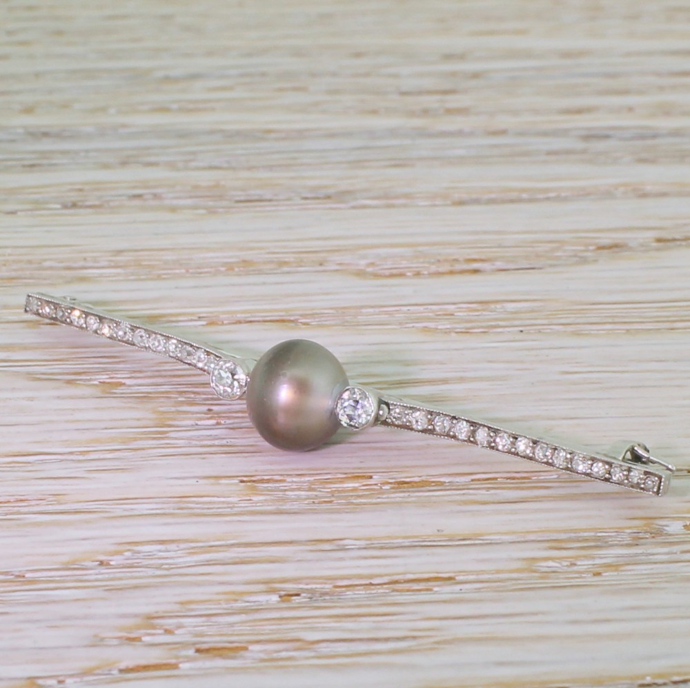 Art Deco Natural Tahitian Pearl & Old Cut Diamond Pin Brooch, circa 1940
