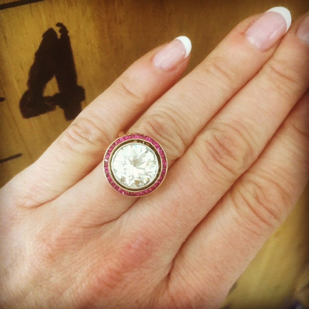 Art Deco 4.23 Carat Old Cut Diamond & Ruby Target Ring, French, circa 1940
 View VII