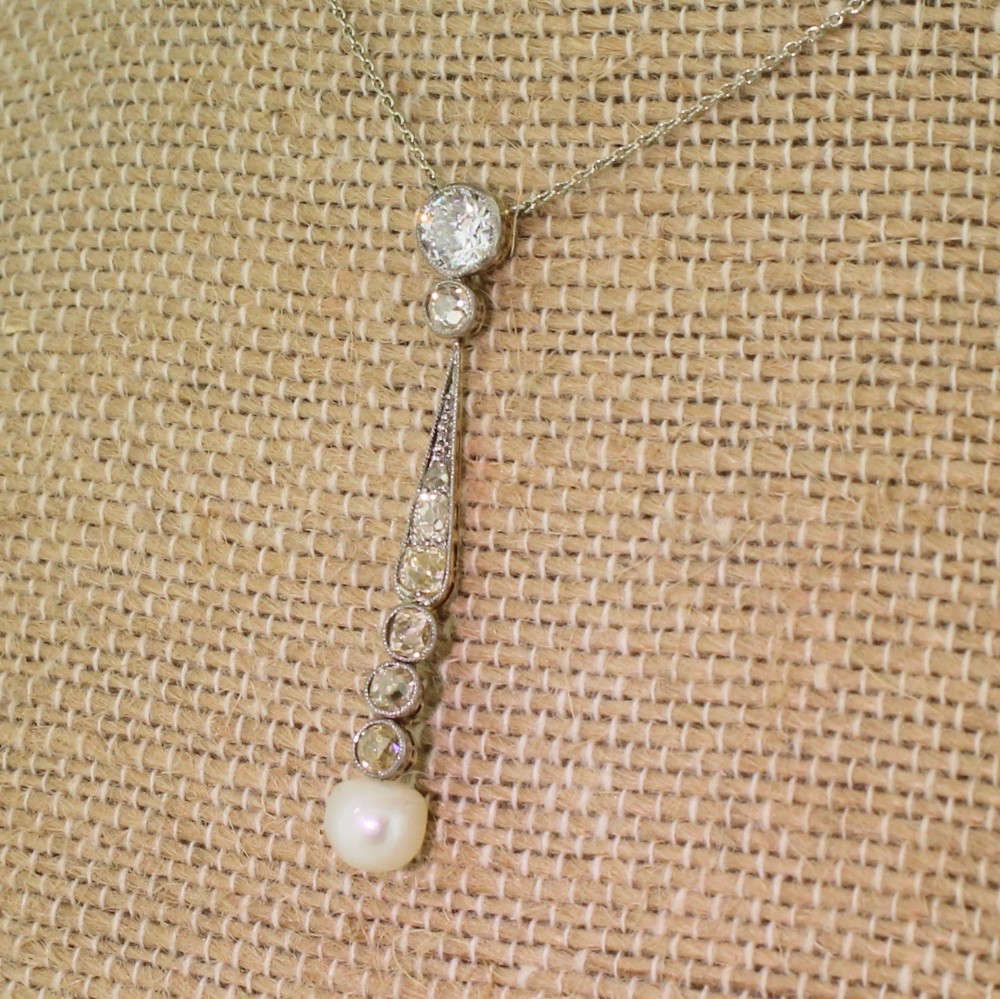 Art Deco Natural Pearl & 1.14 Carat Old Cut Diamond Pendant, circa 1925
