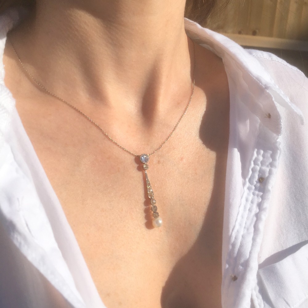 Art Deco Natural Pearl & 1.14 Carat Old Cut Diamond Pendant, circa 1925
 View II