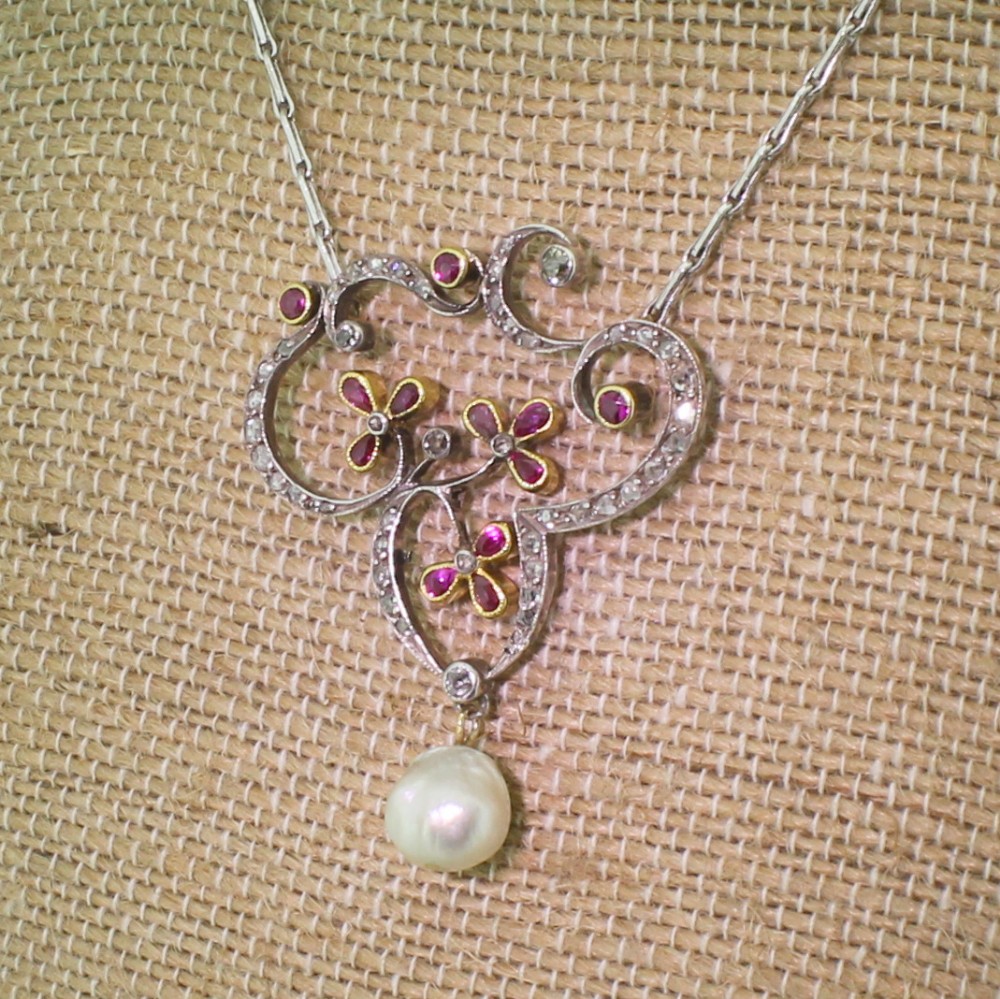 Art Nouveau Ruby, Diamond & Natural Pearl Pendant, circa 1900
