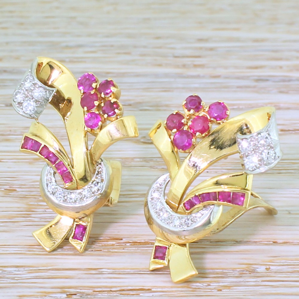 Retro 1.44 Carat Ruby & 0.40 Carat Diamond Earrings, circa 1945

