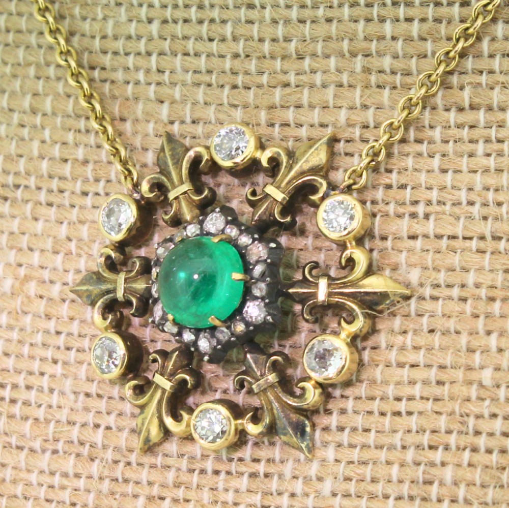 Victorian 1.88 Carat Cabochon Emerald & Diamond Pendant Necklace, circa 1900
