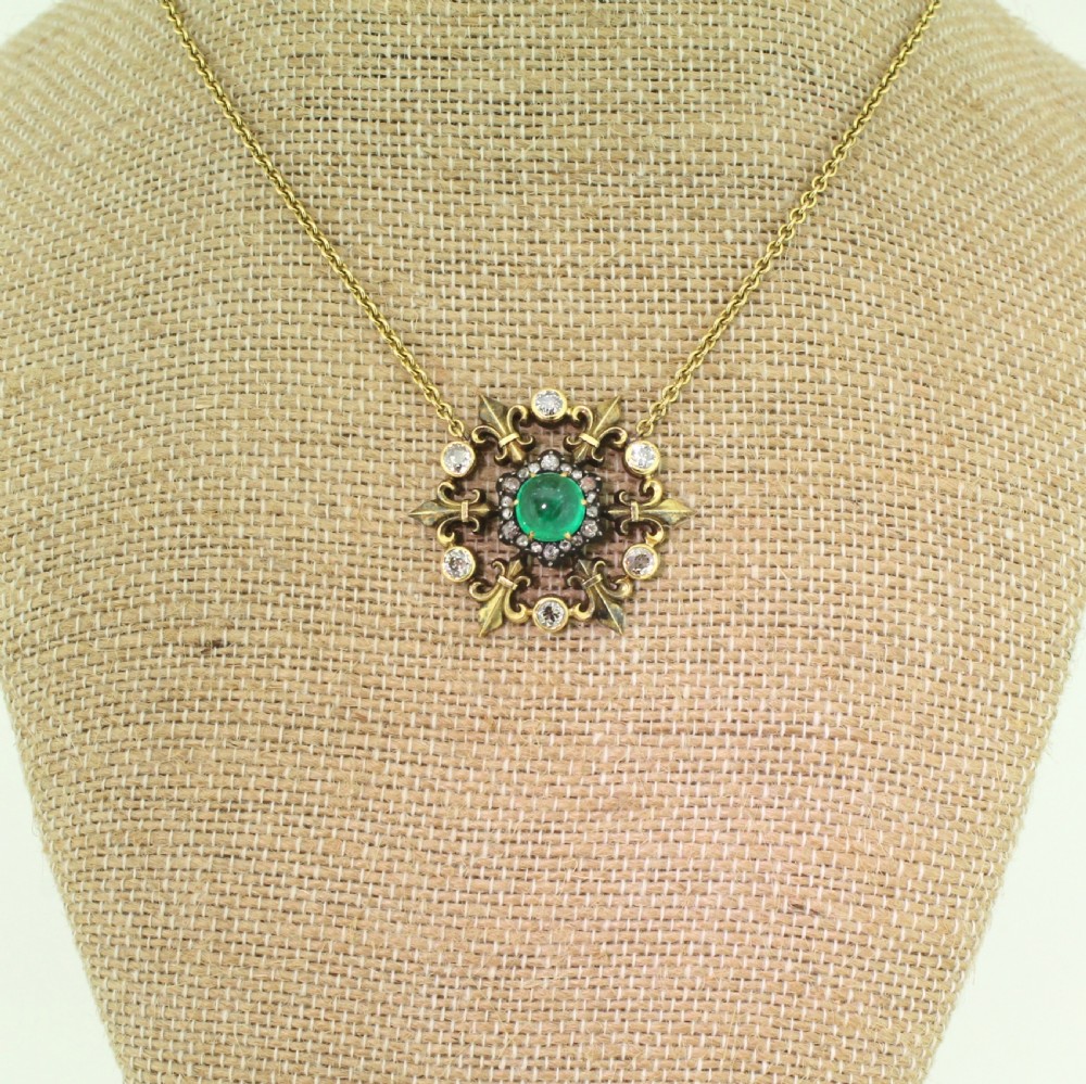 Victorian 1.88 Carat Cabochon Emerald & Diamond Pendant Necklace, circa 1900
 View V