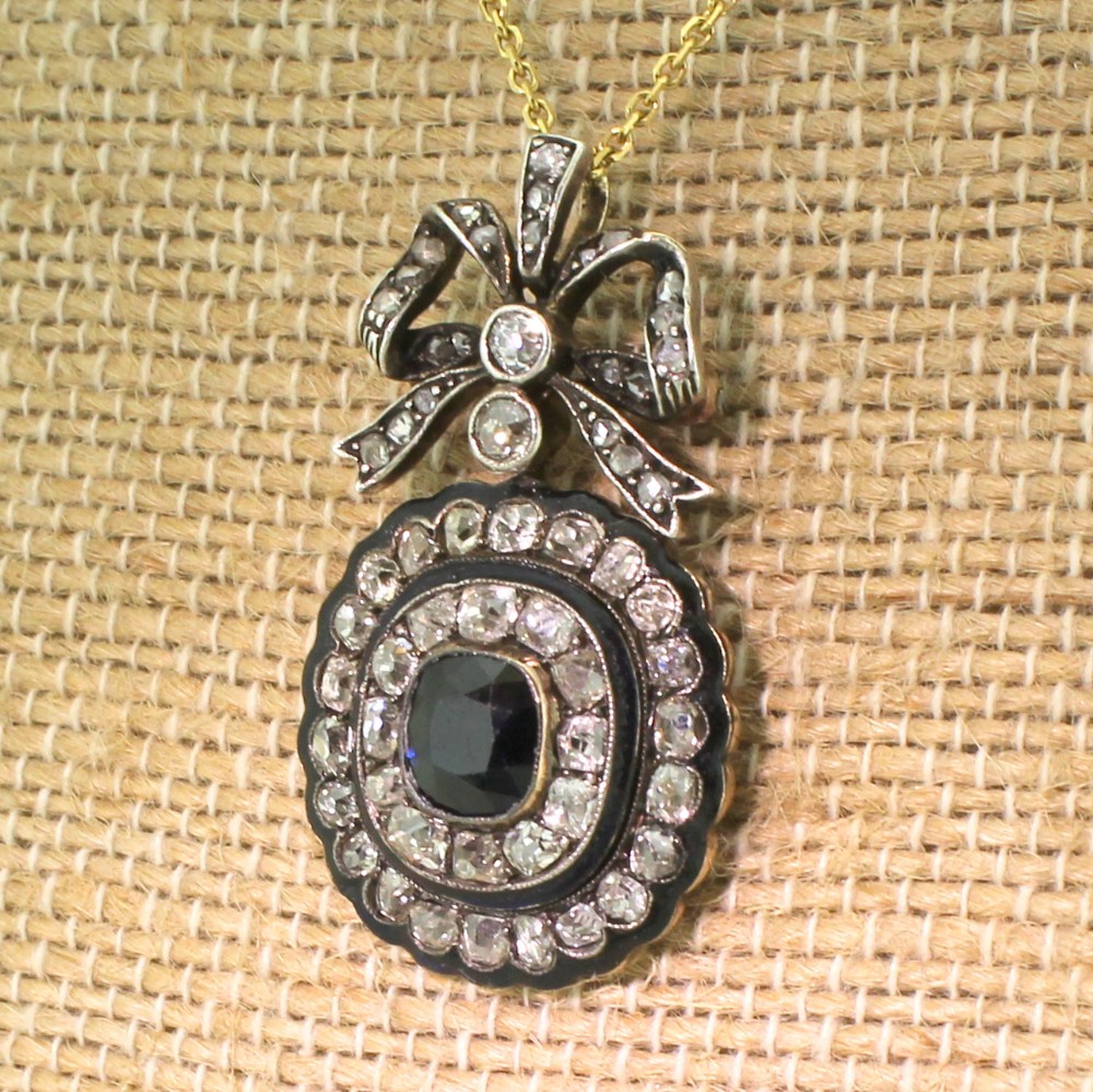 Victorian 1.26 Carat Sapphire, Old Cut Diamond & Enamel Brooch / Pendant, circa 1880

