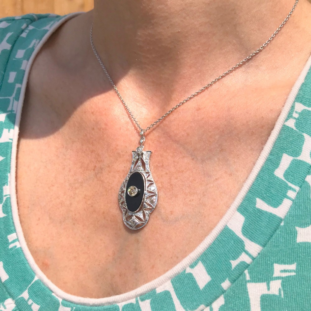 Mid Century Old Cut Diamond & Onyx Pendant, 1950
 View IV