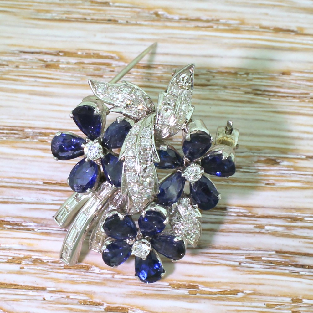 Mid Century 4.35 Carat Sapphire & 1.06 Carat Diamond Brooch, circa 1950
